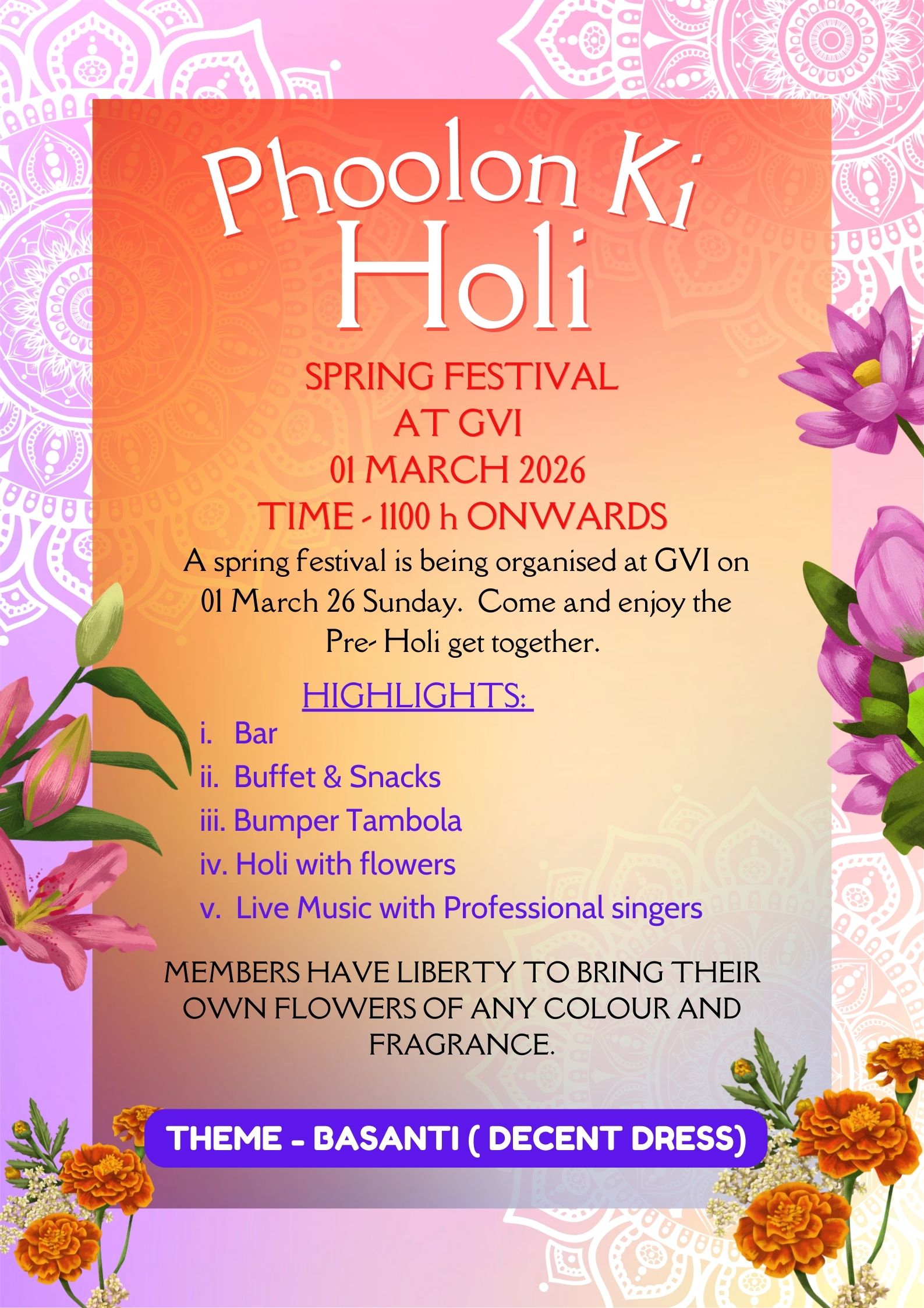Peach and Pink Illustrated Floral Holi Festival Poster